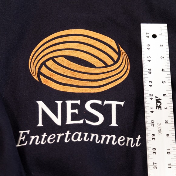 NEST ENTERTAINMENT Mens L Navy Wool Satin Embroidered Logo Varsity Bomber Jacket - Picture 7 of 9